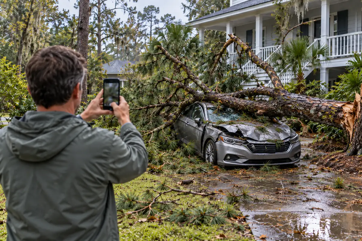 Homeowner photographing a fallen pine on a car in a driveway for an insurance claim