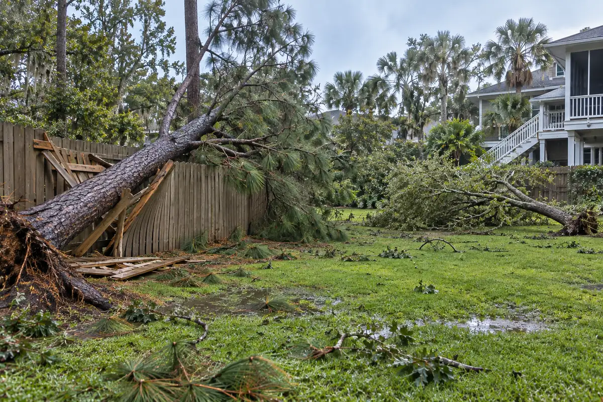 Fallen pine on a wooden fence next to another tree lying across open lawn after a storm