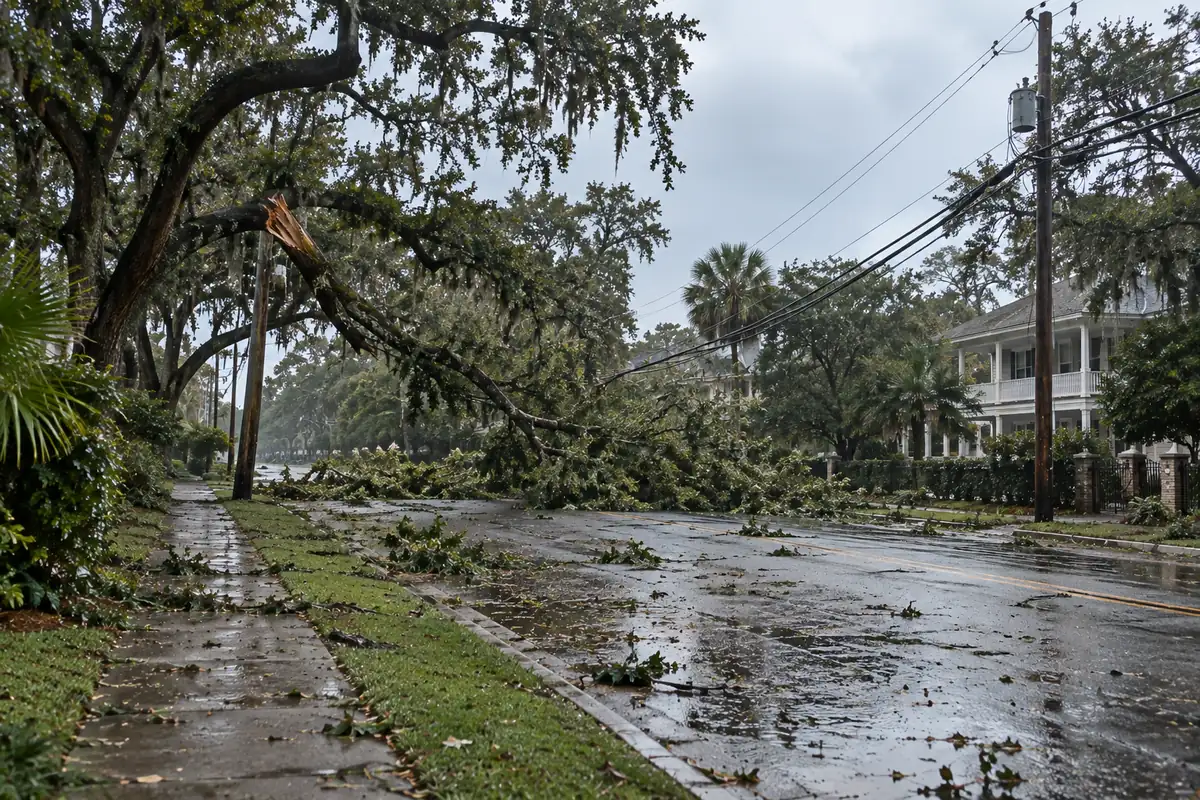 Broken oak limb pulling down overhead power lines over a residential street after a storm