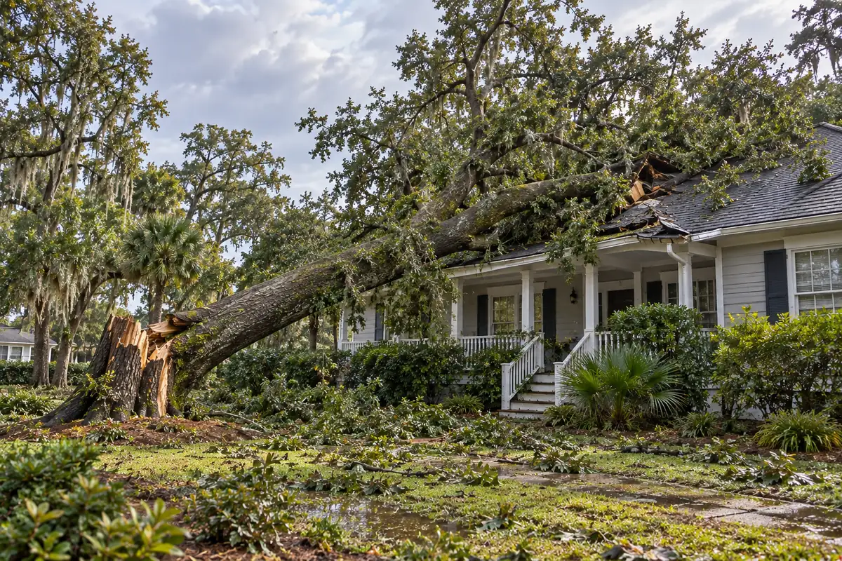 Large oak resting on the roof of a raised home after a storm in the Charleston area