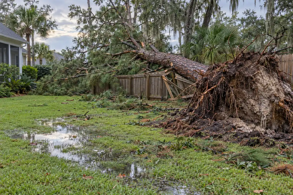 Storm-damaged tree uprooted in a yard