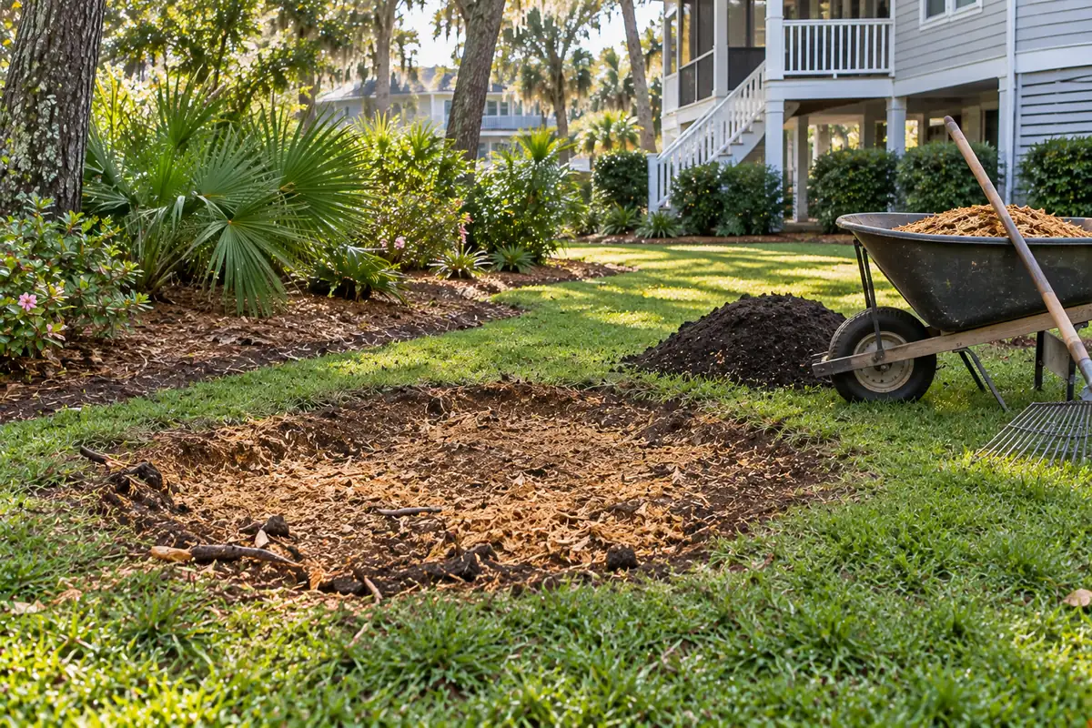 Ground stump area filled with wood chips next to a wheelbarrow, rake and topsoil for backfill