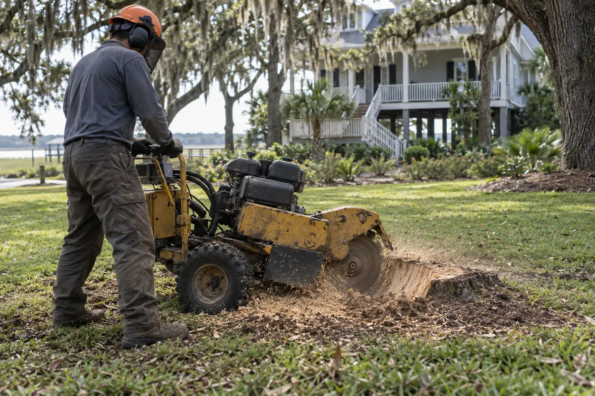 Walk-behind stump grinder cutting into a tree stump in a residential yard