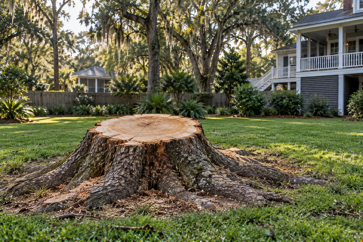 Large oak stump with surface roots left in a backyard lawn in Charleston, SC
