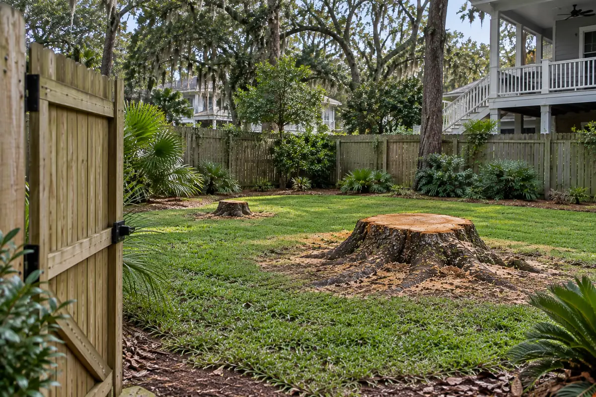 Two tree stumps of different sizes in a fenced backyard seen through an open gate in the Charleston area