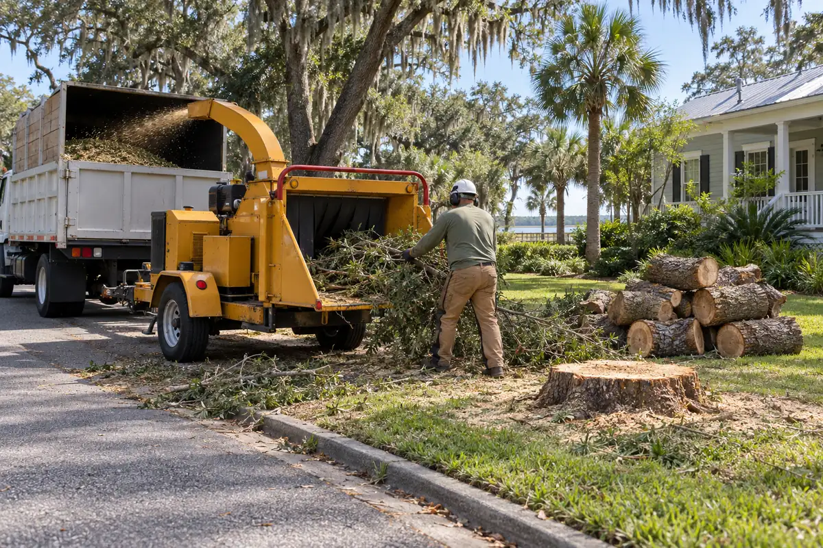 Worker feeding branches into a wood chipper with cut trunk rounds stacked on the lawn after a tree removal