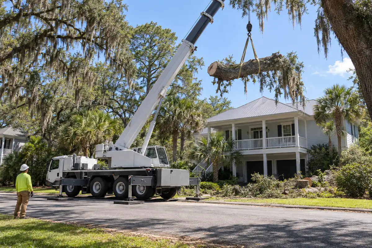 Crane lifting a section of a live oak over the roof of a raised home