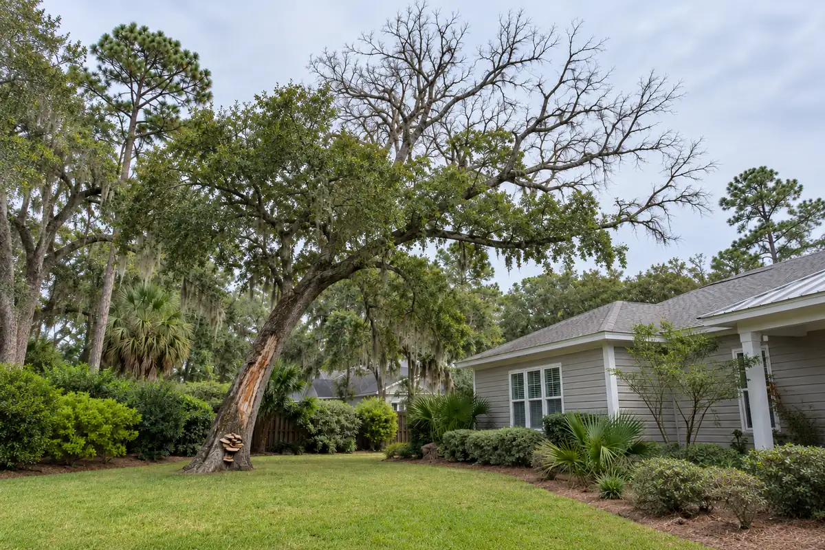 Declining oak with bare upper limbs and fungus on the trunk leaning toward a house in Charleston, SC