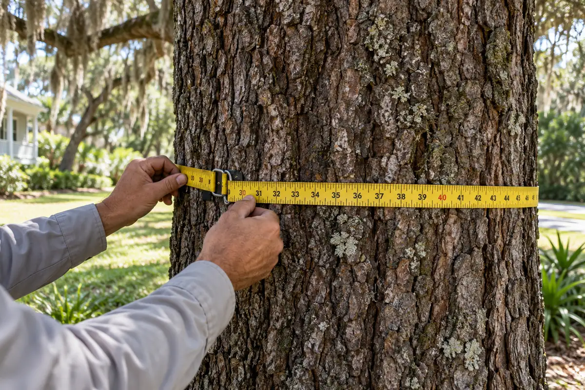 Measuring a tree trunk with a tape at 4.5 feet above the ground (DBH)