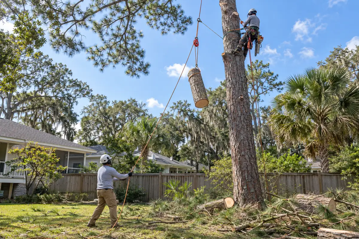 Tree removal in Charleston, SC: a climber cuts a pine in sections while a ground worker lowers each piece on a rope