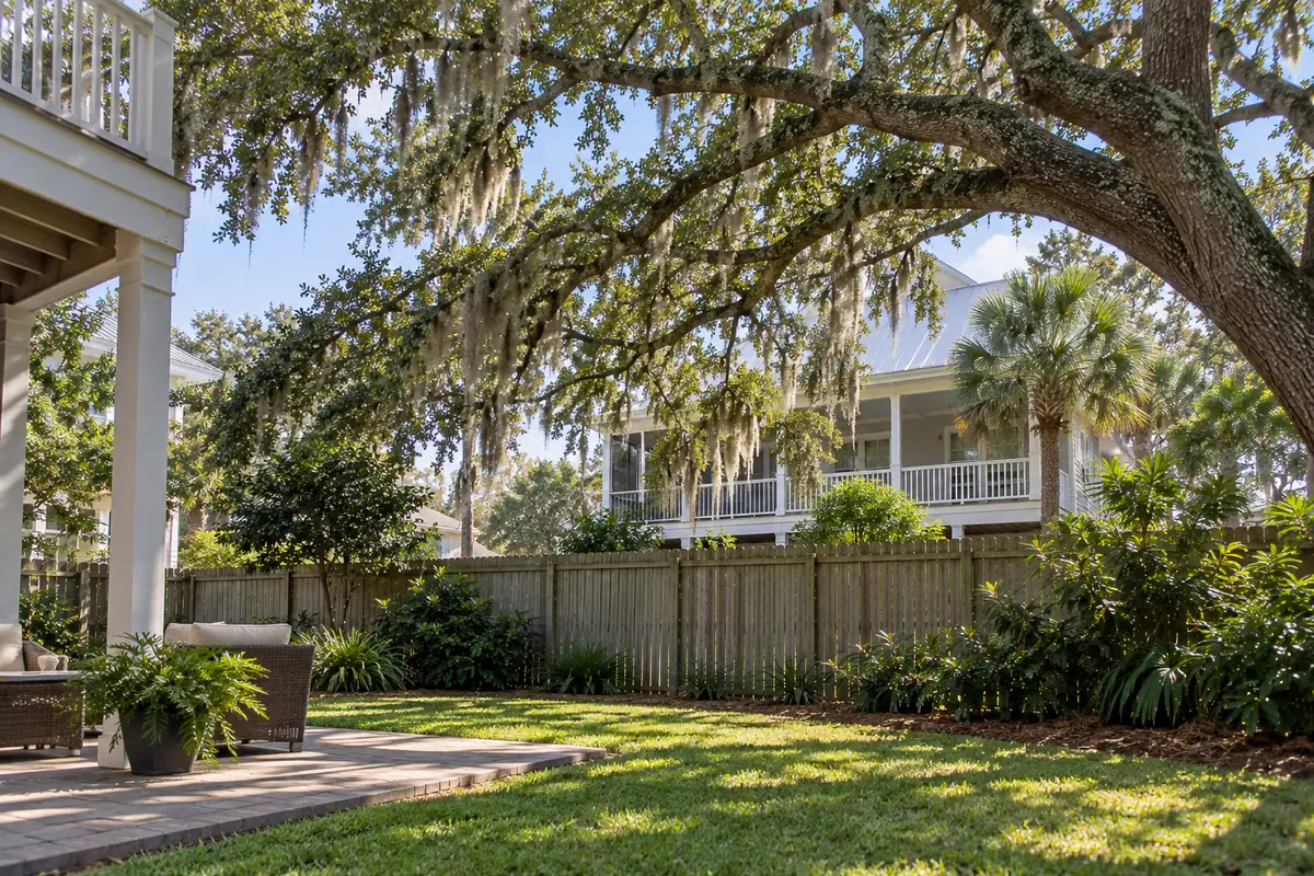 Live oak limbs reaching across a wooden privacy fence between two backyards