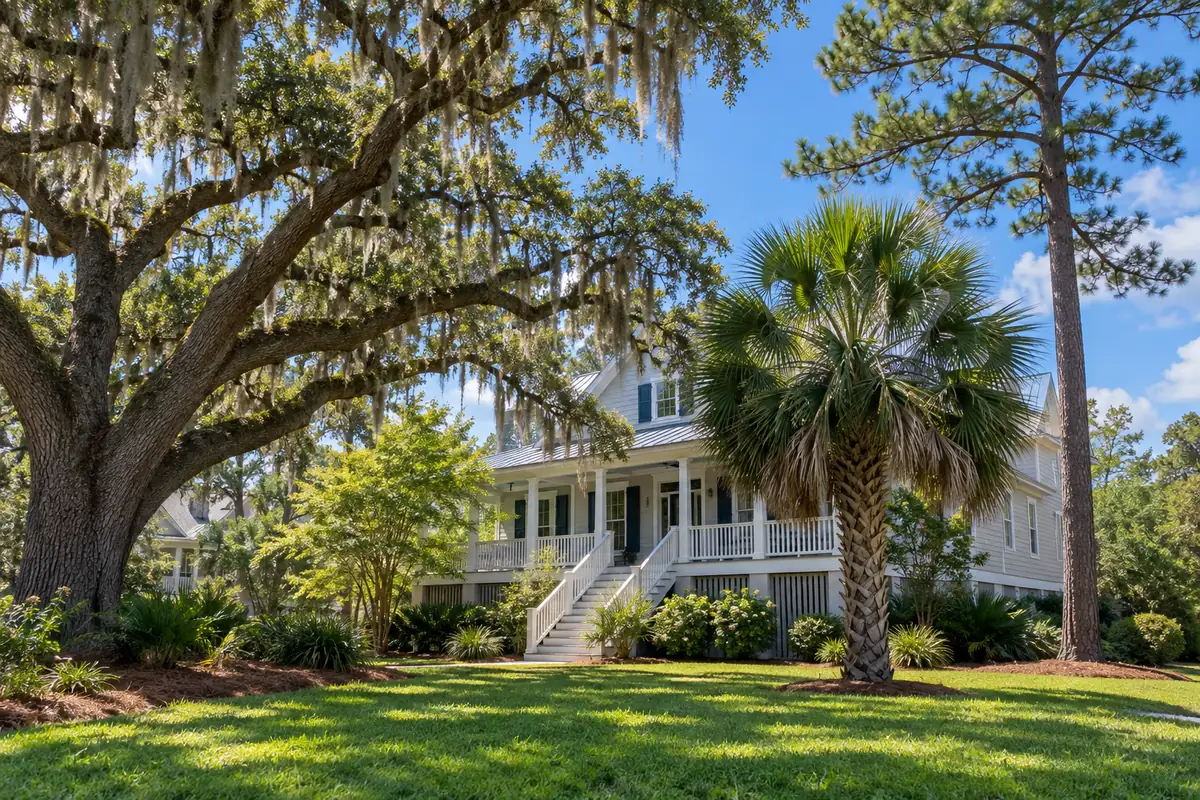 Live oak with Spanish moss, sabal palmetto and loblolly pine in front of a raised home in the Charleston area