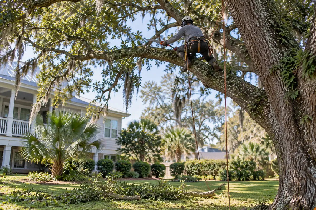 Tree trimming in Charleston, SC: an arborist secured with ropes pruning a limb of a large live oak next to a home